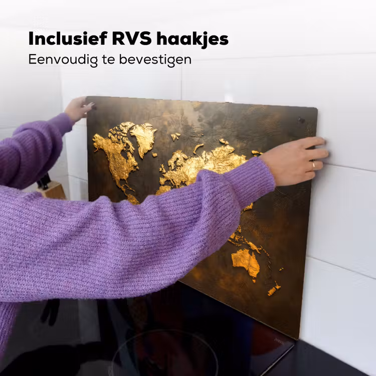 Wereldkaart - Goud - Roest Inductie beschemer met haakjes klein -ky-ophangen-nl