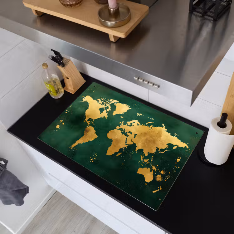 Wereldkaart - Groen - Goud Inductie beschemer met haakjes klein -sfeer1