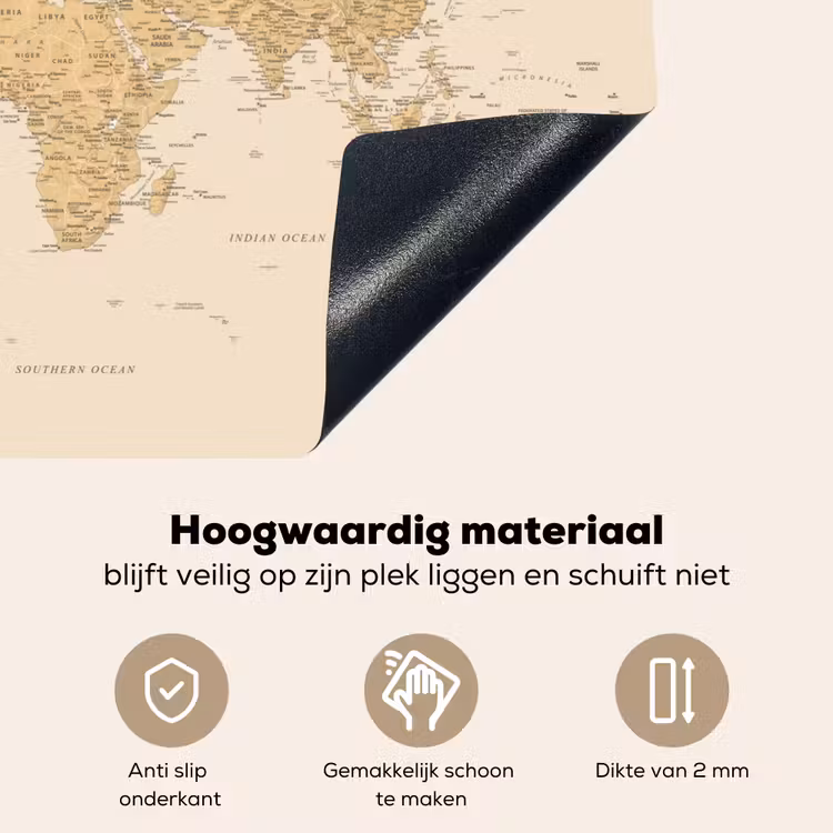 Wereldkaart - Realistisch - Beige Inductie beschemer met haakjes klein -ky-onderkant-nl