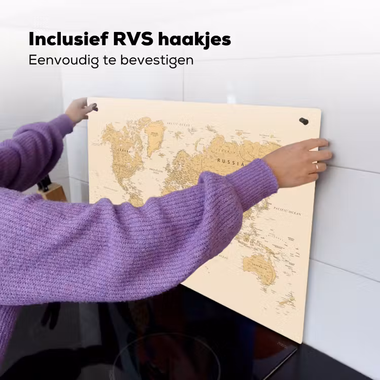 Wereldkaart - Realistisch - Beige Inductie beschemer met haakjes klein -ky-ophangen-nl