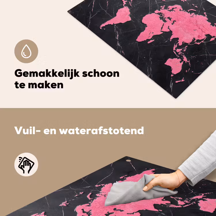 Wereldkaart - Roze - Marmer Inductie beschemer met haakjes klein -ky-schoon-nl