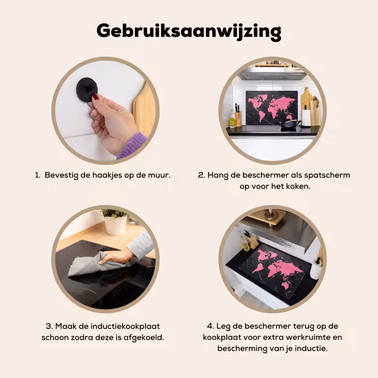 Wereldkaart - Roze - Marmer Inductie beschemer met haakjes klein -ky-gebruik-nl