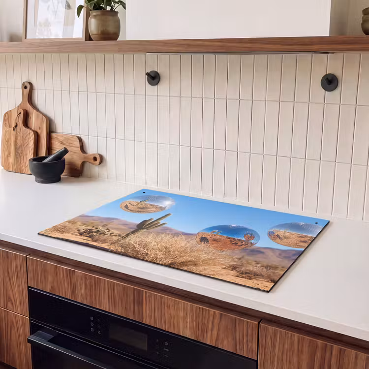 Inductiebeschermer & spatscherm (2in1) - Woestijn - Spiegelbal - Kunst - Woestijn - Spiegelbal - Kunst Inductie beschemer met haakjes klein