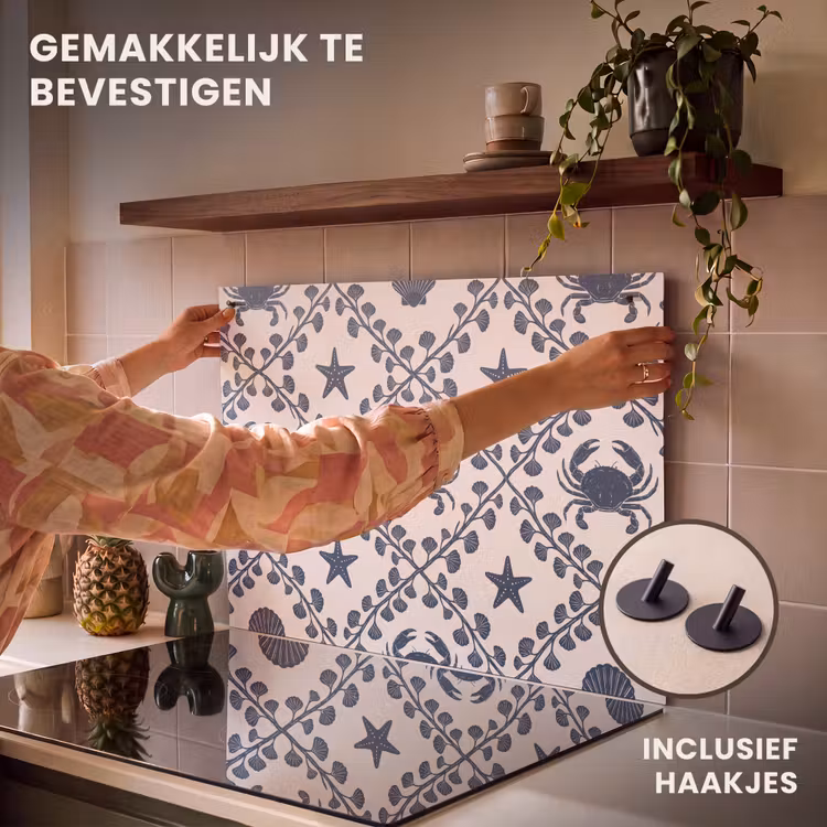 Zee - Krab - Zeester - Patroon - Blauw Inductie beschemer met haakjes klein -ky-ophangen-nl