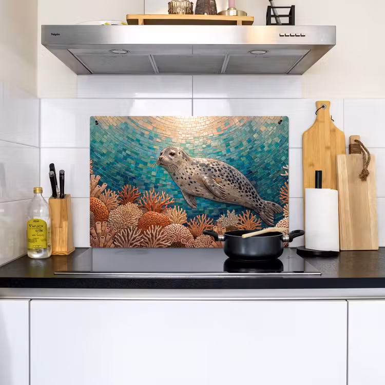 Zeehond - Mozaïek - Onderwater - Dieren - Blauw Inductie beschemer met haakjes klein -sfeer2