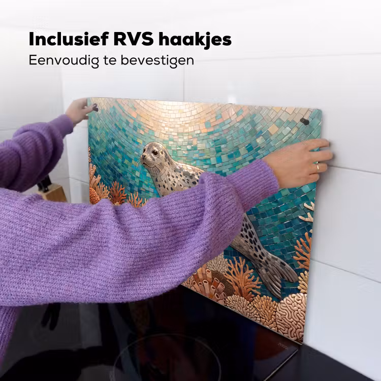 Zeehond - Mozaïek - Onderwater - Dieren - Blauw Inductie beschemer met haakjes klein -ky-ophangen-nl
