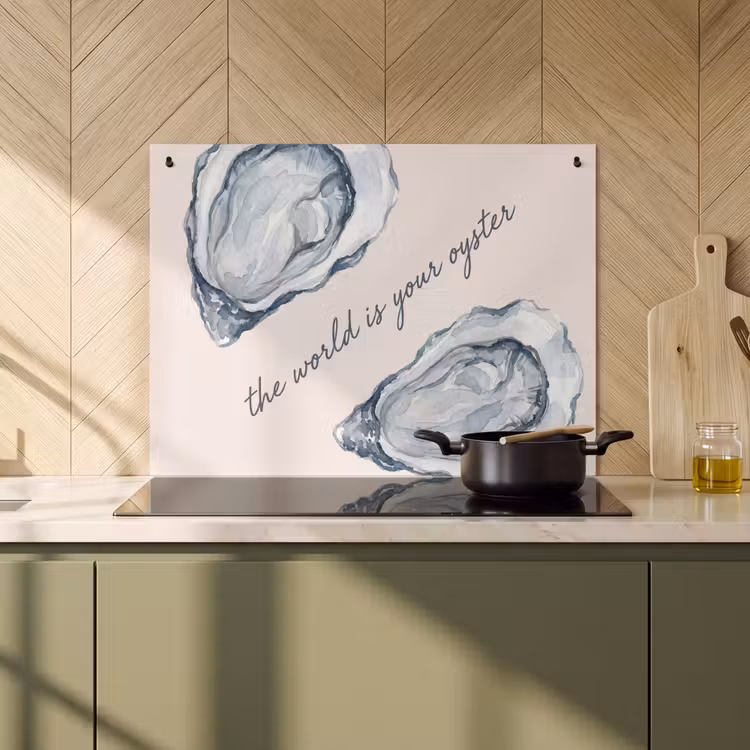 Zeeleven - Oester - Aquarel - Minimalistisch - Blauw Inductie beschemer met haakjes klein -sfeer2