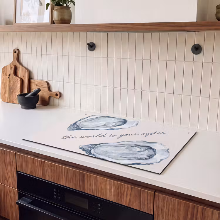 Zeeleven - Oester - Aquarel - Minimalistisch - Blauw Inductie beschemer met haakjes klein -sfeer1