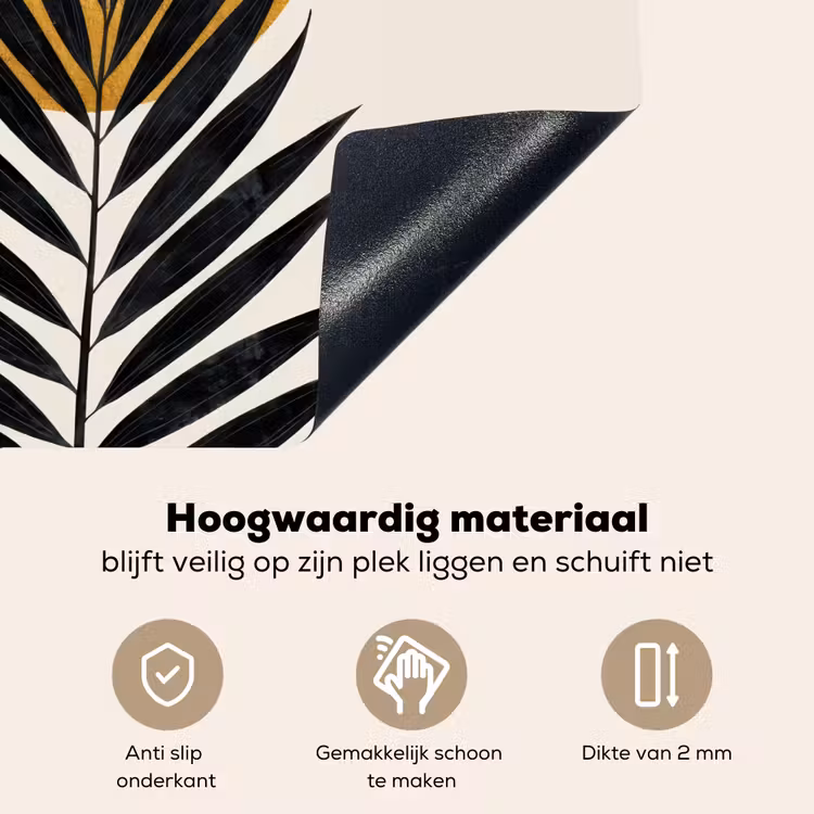 Zwart palmblad - Gouden cirkel - Beige achtergrond Inductie beschemer met haakjes middel -ky-onderkant-nl