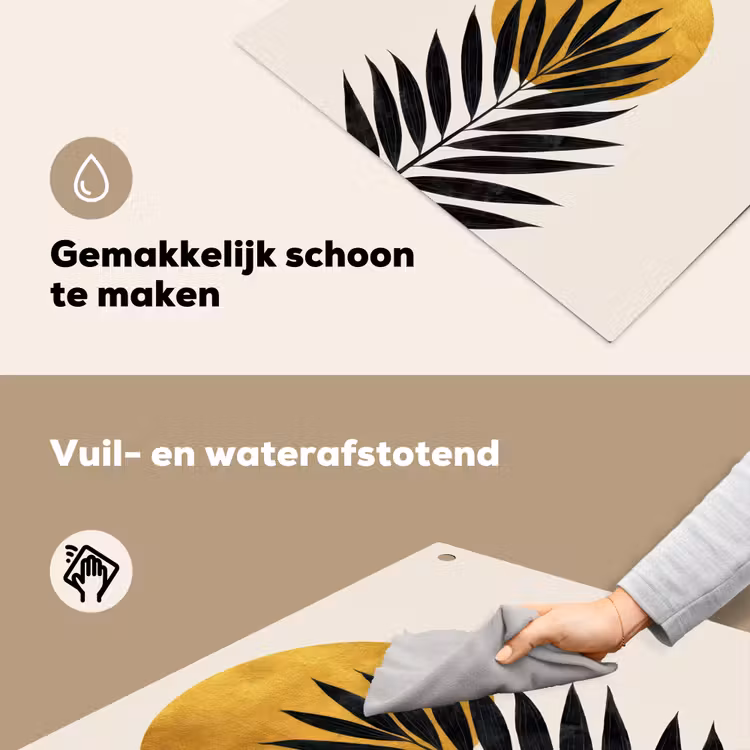 Zwart palmblad - Gouden cirkel - Beige achtergrond Inductie beschemer met haakjes middel -ky-schoon-nl