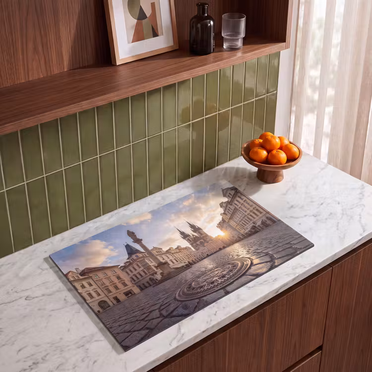 Stad - Praag - Ochtend - Architectuur - Goud Inductie beschermer vinyl 3mm klein -sfeer8