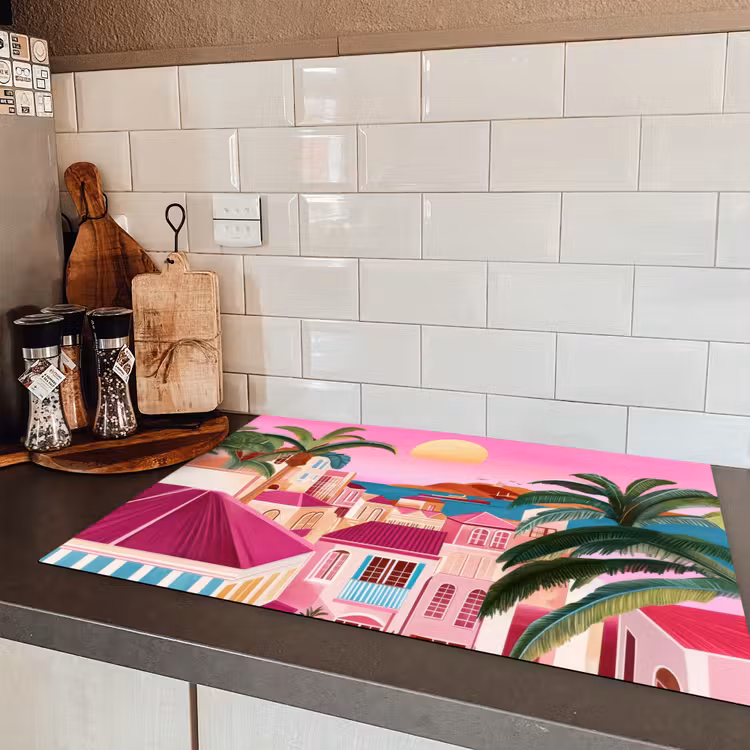 Stad - Roze - Palmbomen Inductie beschermer vinyl 3mm klein -sfeer3