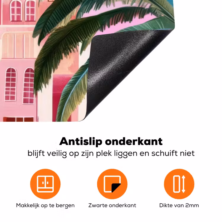 Stad - Roze - Palmbomen Inductie beschermer vinyl 3mm klein -zzzzzzz-td-onderkant