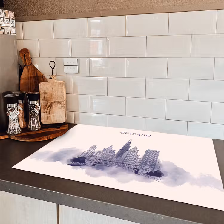 Stad - Skyline - Architectuur - Lijntekening - Blauw Inductie beschermer vinyl 3mm klein -sfeer3