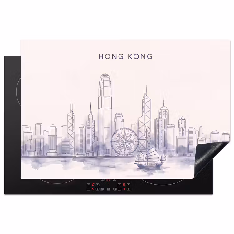 Stad - Skyline - Water - Lijntekening - Blauw Inductie beschermer vinyl 3mm klein -3d