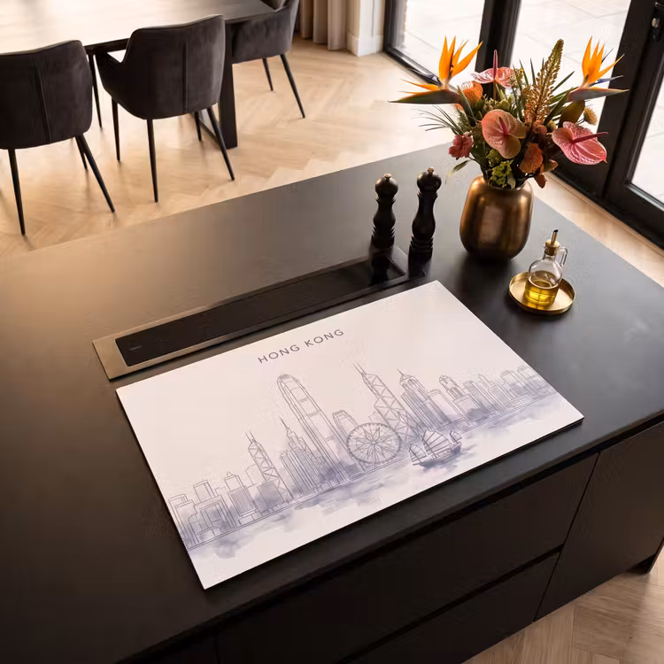 Stad - Skyline - Water - Lijntekening - Blauw Inductie beschermer vinyl 3mm klein -sfeer5
