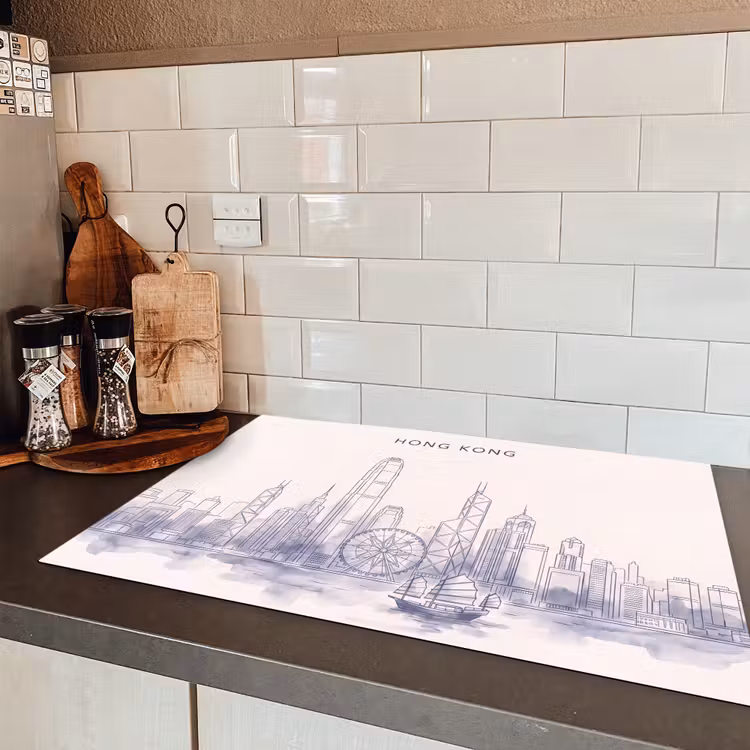 Stad - Skyline - Water - Lijntekening - Blauw Inductie beschermer vinyl 3mm klein -sfeer3