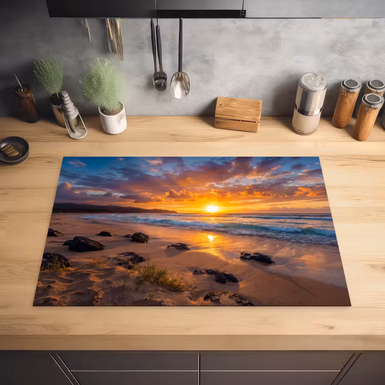 Strand - Zonsondergang - Golven - Natuur - Oranje Inductie beschermer vinyl 3mm klein -sfeer5