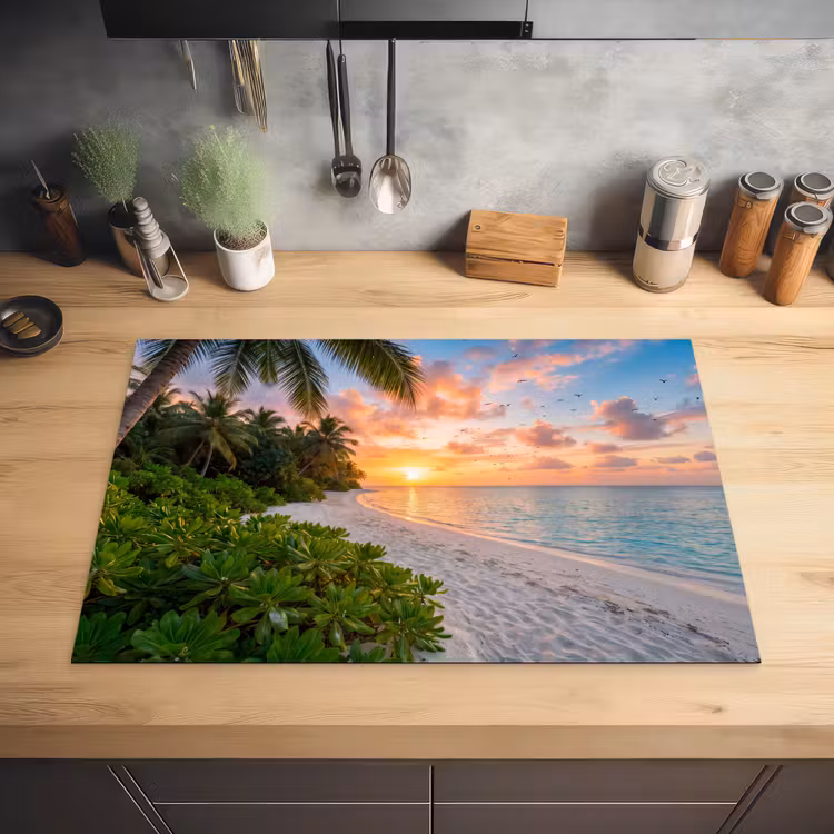 Strand - Zonsondergang - Palmbomen - Tropisch - Natuur Inductie beschermer vinyl 3mm klein -sfeer5