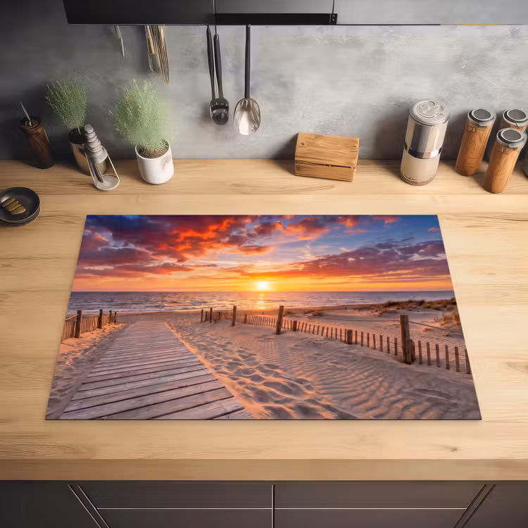 Strand - Zonsondergang - Zee - Natuur - Oranje Inductie beschermer vinyl 3mm klein -sfeer5