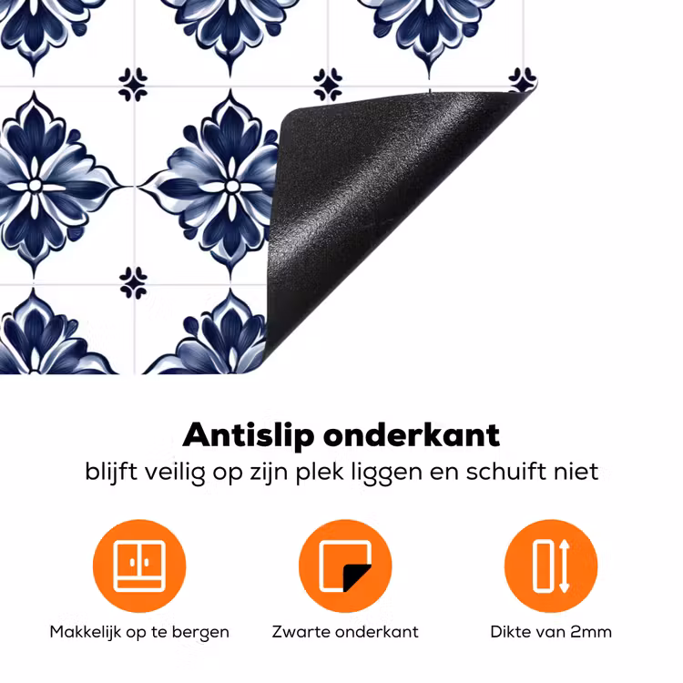 Tegelmotief - Blauw - Wit - Bloem Inductie beschermer vinyl 3mm klein 276 -zzzzzzz-td-onderkant