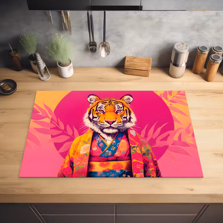 Tijger - Kimono - Planten - Roze Inductie beschermer vinyl 3mm klein -sfeer5