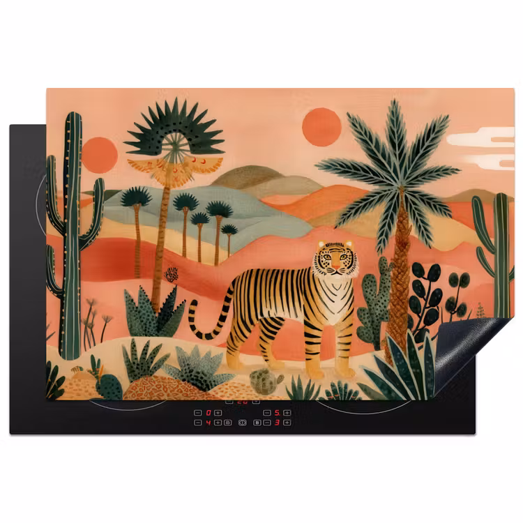 Tijger - Palmen - Cactus - Oranje Inductie beschermer vinyl 3mm klein -3d