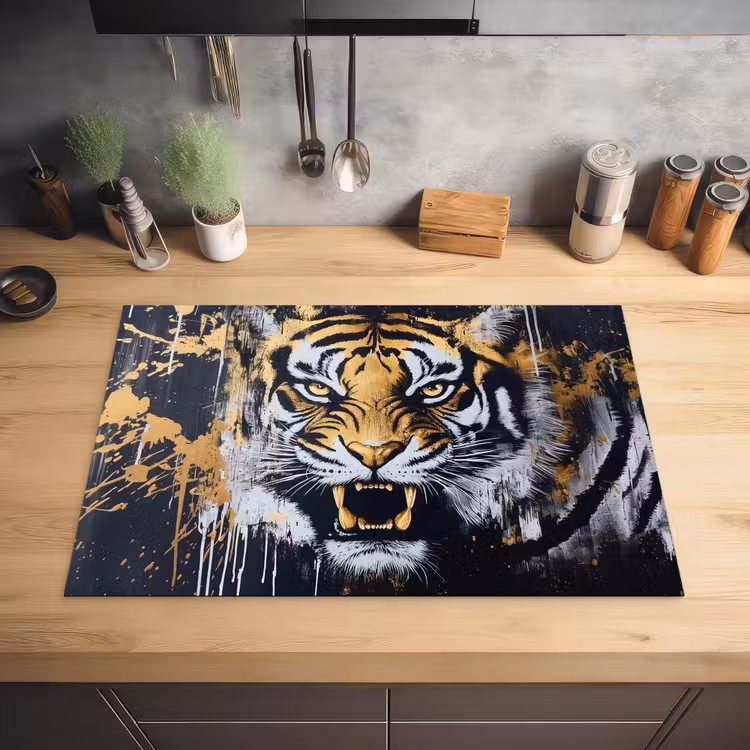 Tijger - Verfspatten - Goud Inductie beschermer vinyl 3mm klein -sfeer5
