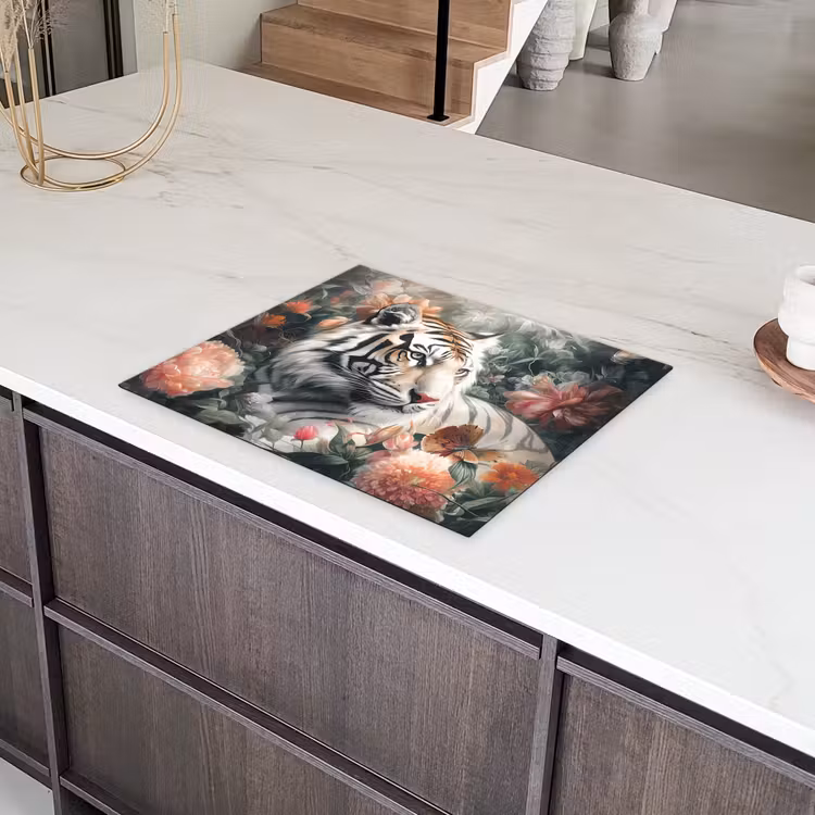 Tijger - Wilde dieren - Bloemen - Jungle Inductie beschermer vinyl 3mm groot -sfeer8