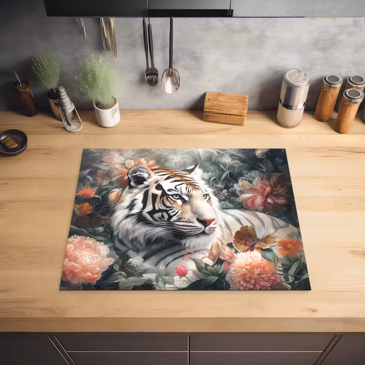 Tijger - Wilde dieren - Bloemen - Jungle Inductie beschermer vinyl 3mm groot -sfeer5