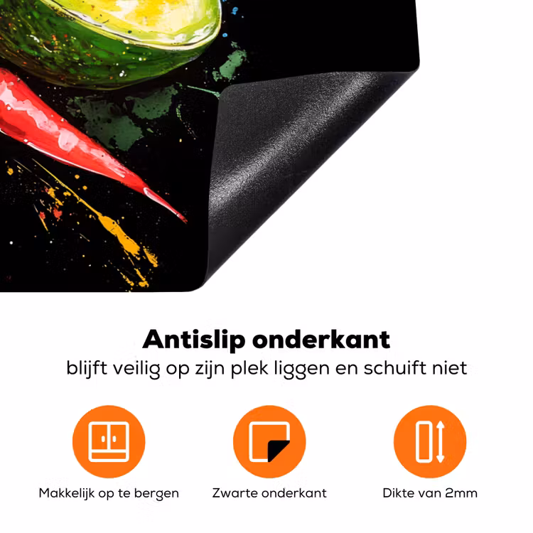 Tomaat - Avocado - Peper - Graffiti - Verf - Modern Inductie beschermer vinyl 3mm klein -zzzzzzz-td-onderkant