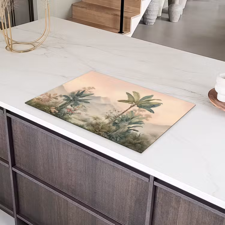 Tropisch landschap - palmbomen - Bloemen - Roze lucht Inductie beschermer vinyl 3mm klein -sfeer8