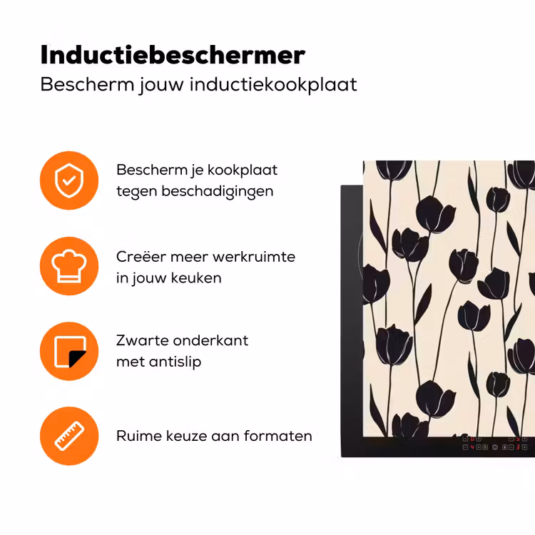 Tulpen - Patroon - Zwart Inductie beschermer vinyl 3mm klein 276 -zzzzzzz-td-ups