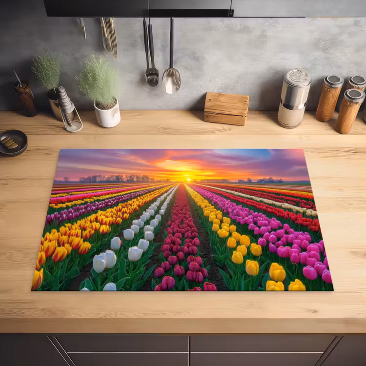 Tulpenveld - Zonsondergang - Kleurrijk Inductie beschermer vinyl 3mm klein -sfeer5