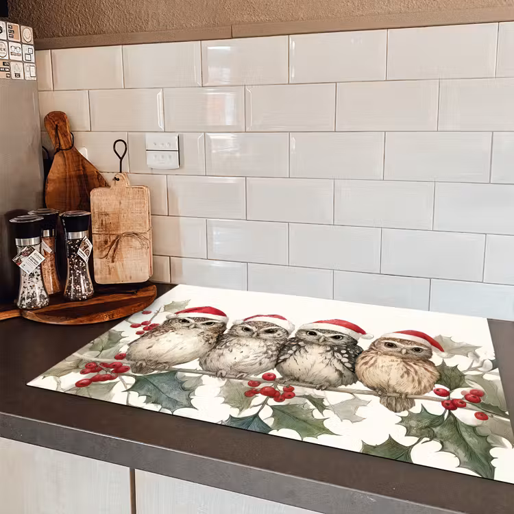 Uilen - Tak - Hulstblaadjes - Kerstmuts Inductie beschermer vinyl 3mm klein -sfeer3