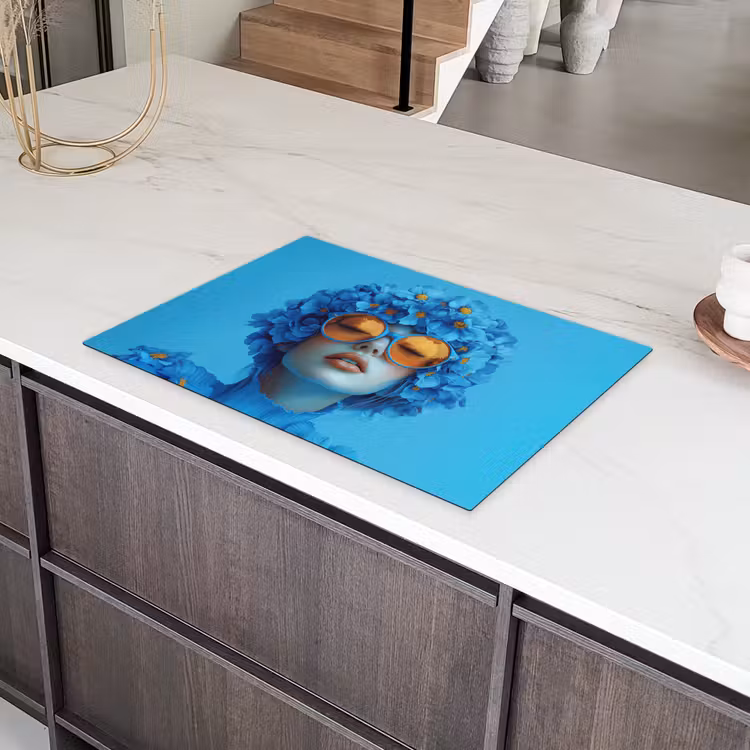 Vrouw - Bloem - Blauw - Modern - Bril - Portret Inductie beschermer vinyl 3mm klein -sfeer8