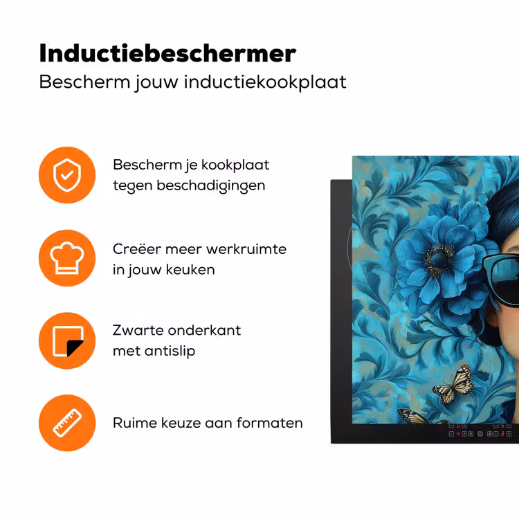 Vrouw - Bloemen - Vlinders - Blauw - Abstract Inductie beschermer vinyl 3mm klein -zzzzzzz-td-ups