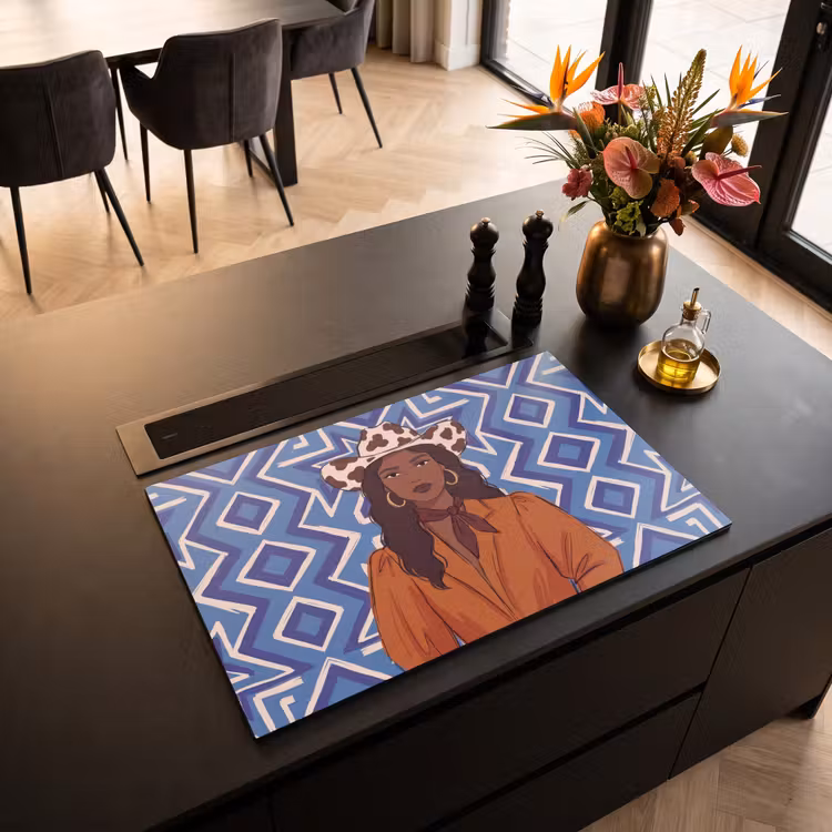 Vrouw - Cowboyhoed - Portret - Modern - Blauw Inductie beschermer vinyl 3mm klein -sfeer5