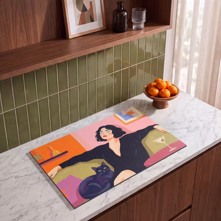 Vrouw - Kat - Interieur - Modern - Kleurrijk Inductie beschermer vinyl 3mm klein -sfeer8