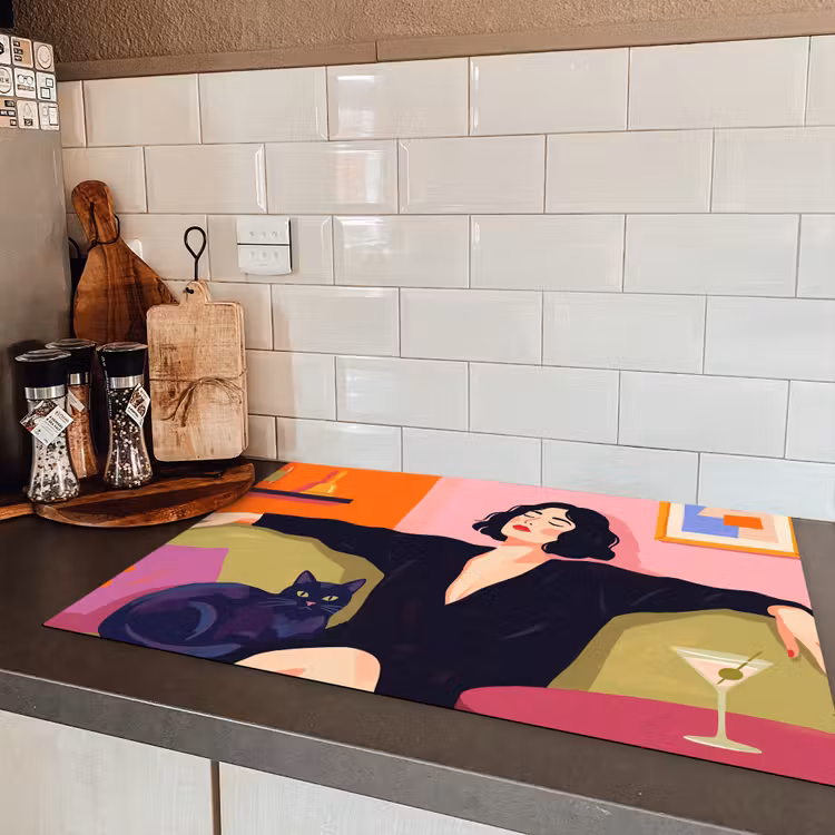 Vrouw - Kat - Interieur - Modern - Kleurrijk Inductie beschermer vinyl 3mm klein -sfeer3