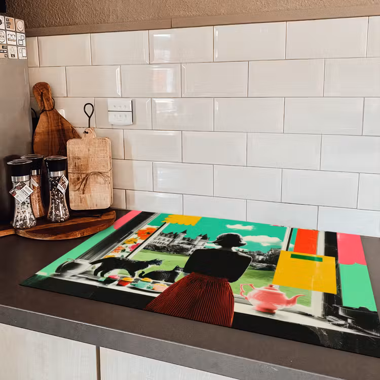 Vrouw - Keuken - Katten - Doorkijk Inductie beschermer vinyl 3mm klein -sfeer3