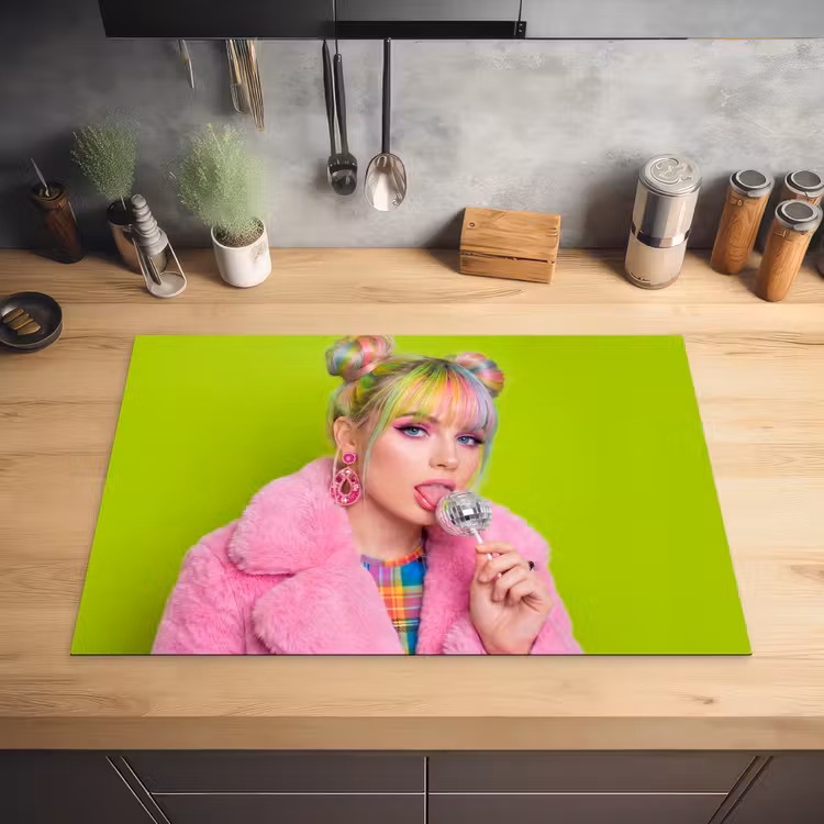 Vrouw - Kleurrijk haar - Pop art - Modern - Levendig Inductie beschermer vinyl 3mm klein -sfeer5