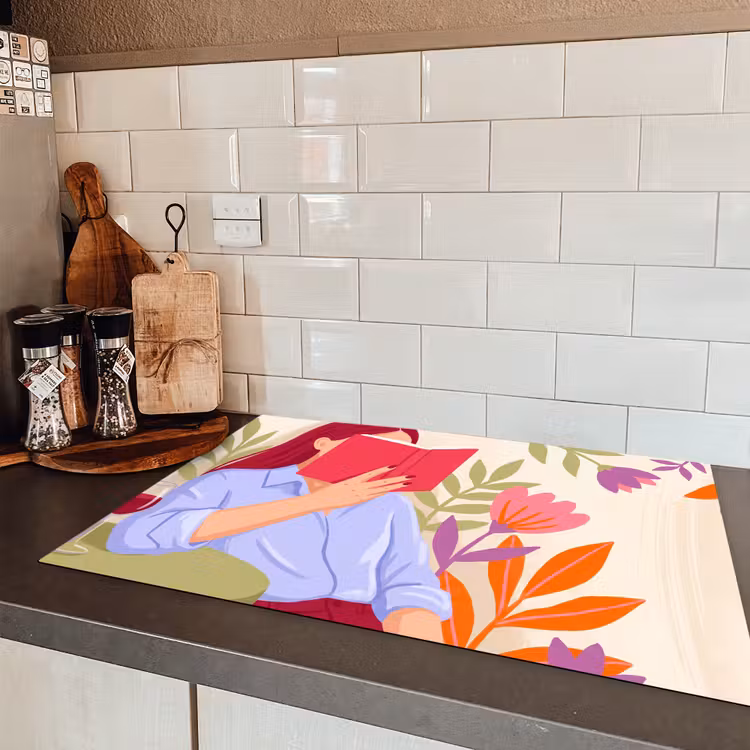Vrouw - Lezen - Thuis - Modern - Bloemen Inductie beschermer vinyl 3mm klein -sfeer3