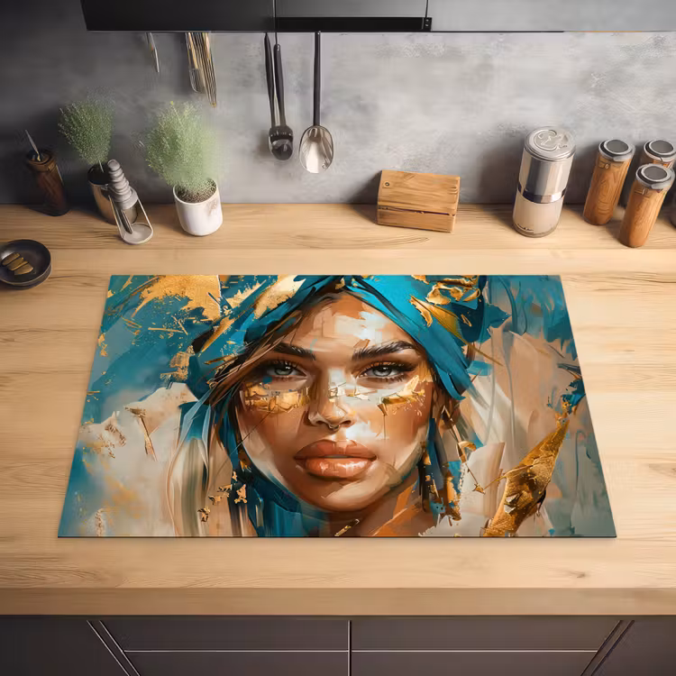 Vrouw - Portret - Goud - Luxe - Blauw Inductie beschermer vinyl 3mm klein -sfeer5