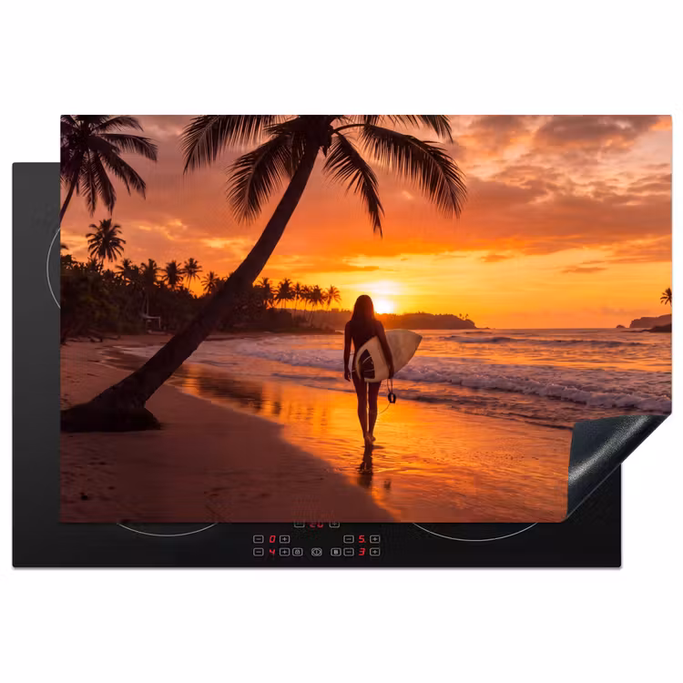 Vrouw - Surfplank - Strand - Zonsondergang - Oranje Inductie beschermer vinyl 3mm klein -3d