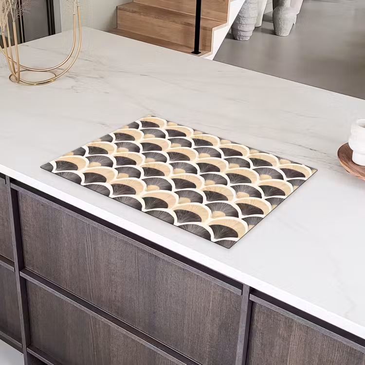 Waaier - Patroon - Zwart - Beige Inductie beschermer vinyl 3mm klein 276 -sfeer8