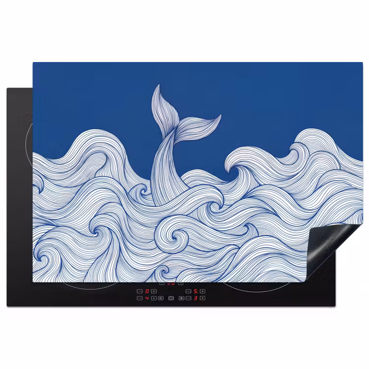 Walvis - Staart - Golven - Lijntekening - Blauw Inductie beschermer vinyl 3mm klein -3d