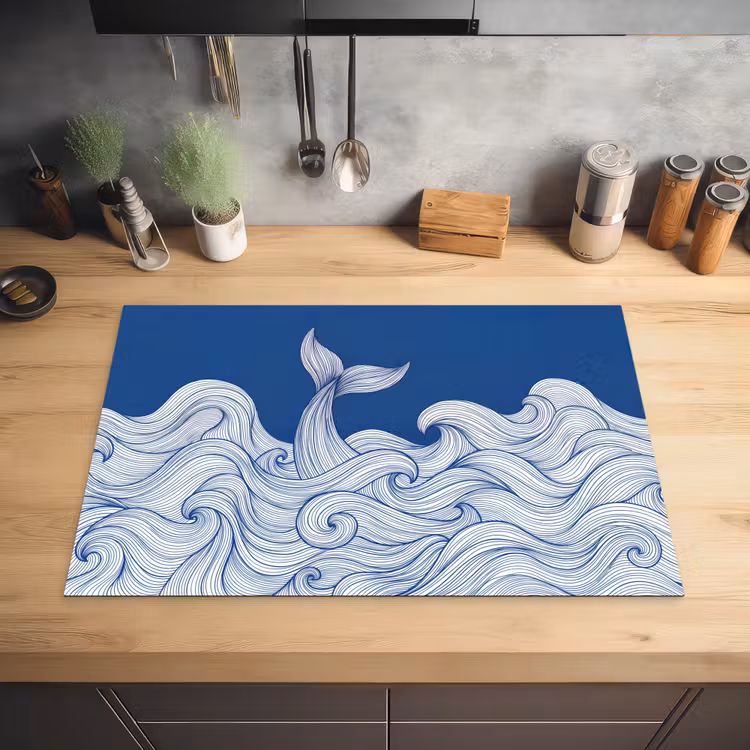 Walvis - Staart - Golven - Lijntekening - Blauw Inductie beschermer vinyl 3mm klein -sfeer5
