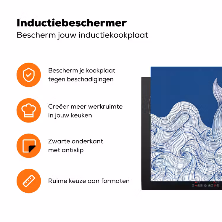 Walvis - Staart - Golven - Lijntekening - Blauw Inductie beschermer vinyl 3mm klein -zzzzzzz-td-ups