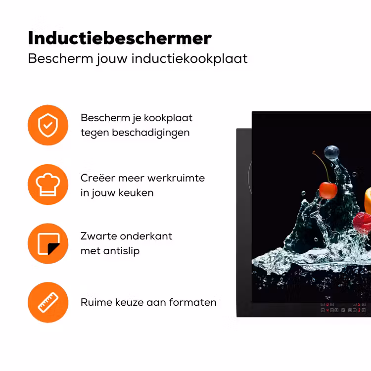 Water - Fruit - Sinaasappel - Aardbei - Kers - Zwart Inductie beschermer vinyl 3mm klein -zzzzzzz-td-ups